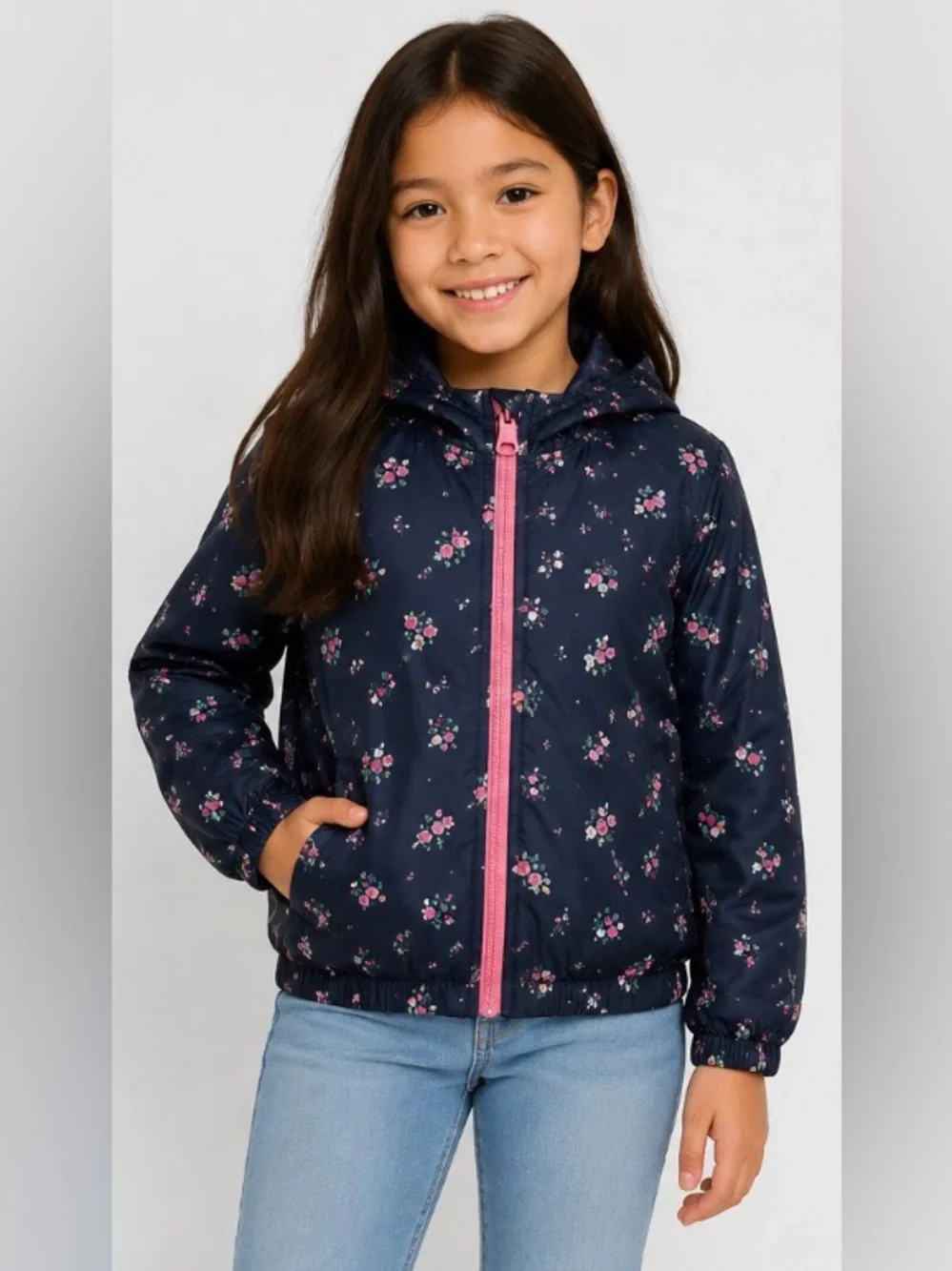 GAP Kids Floral Water Resistant Hooded Rain Jacket Girls Medium (8)